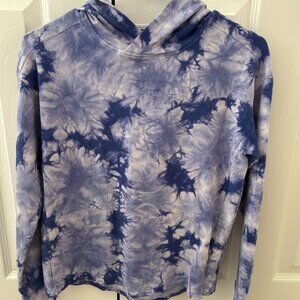 Purple tye dye looking print hoodie and shorts matching set